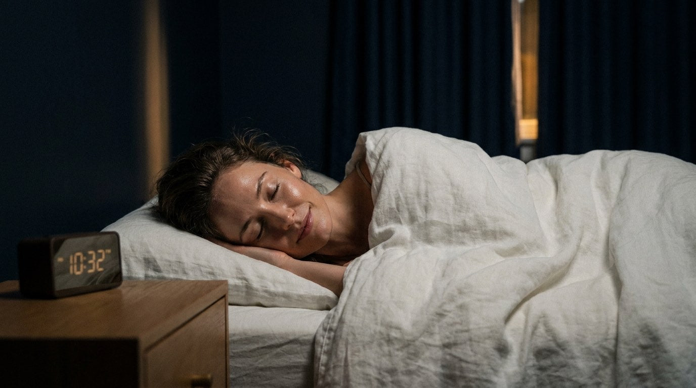 A woman in her forties asleep in a dark bedroom, a small clock glowing on the nightstand