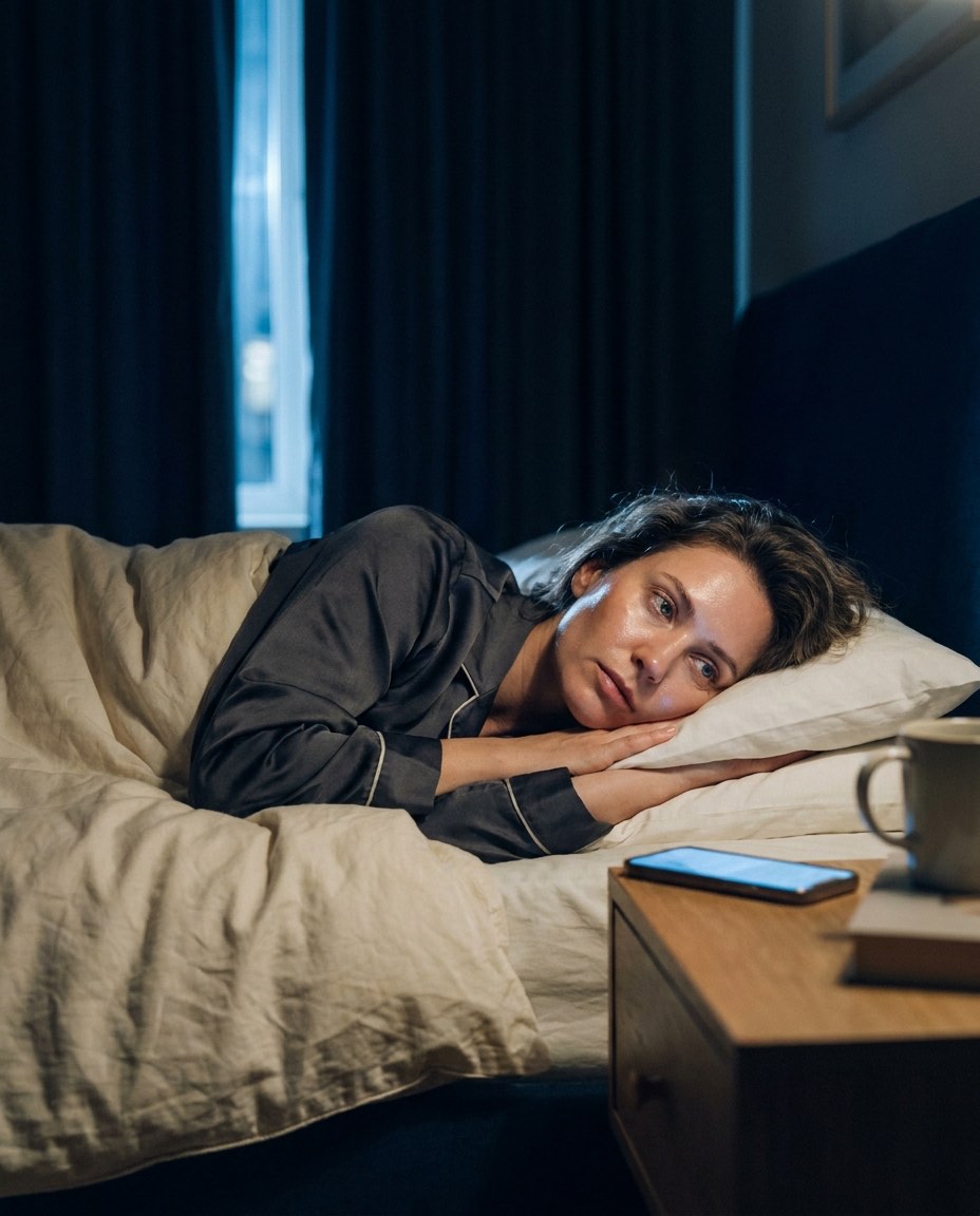 A woman lying awake in the dark, lit by a phone screen