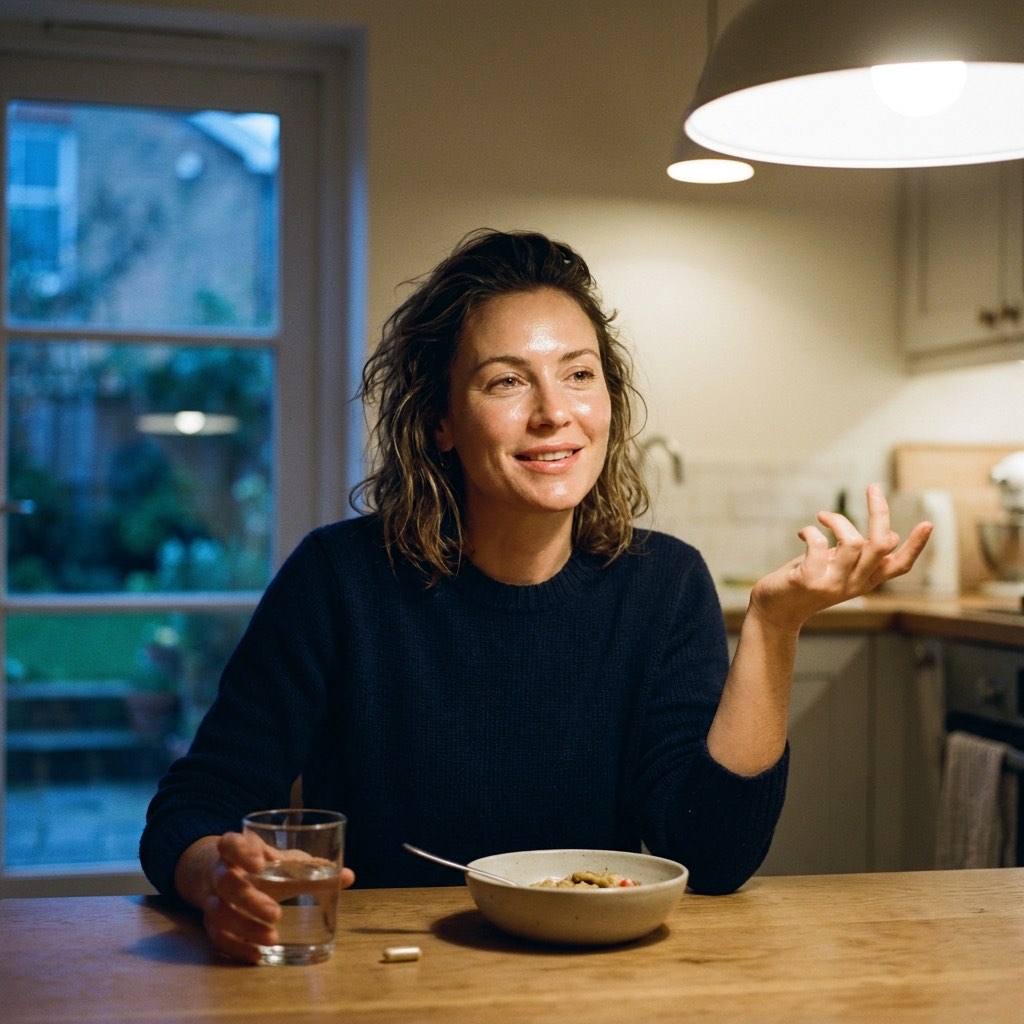 A woman in her forties at her kitchen table in the evening, water beside her