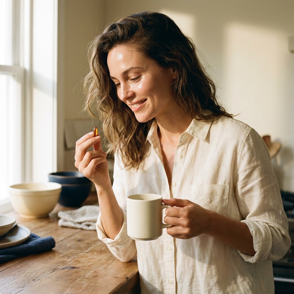 A woman in her forties taking a capsule with her morning coffee