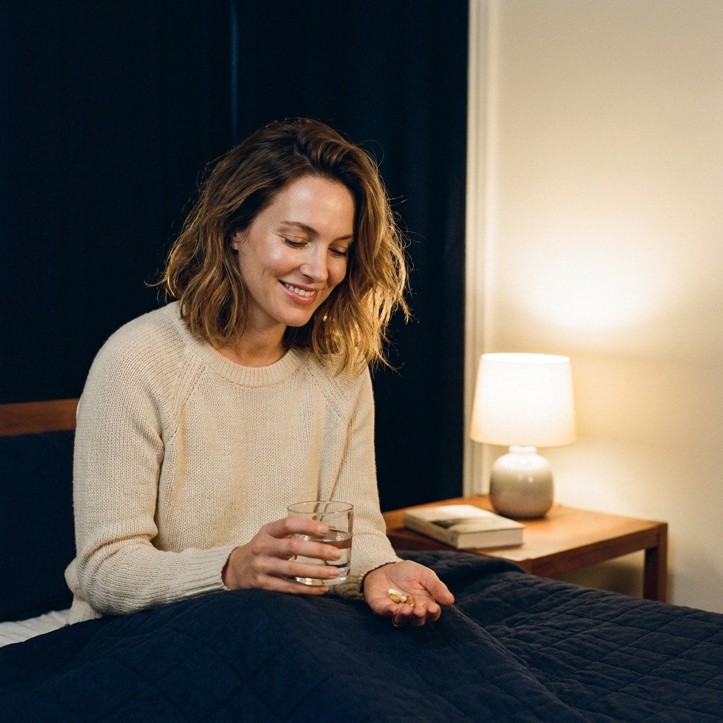 A woman in her forties on the edge of her bed at night, water on the nightstand